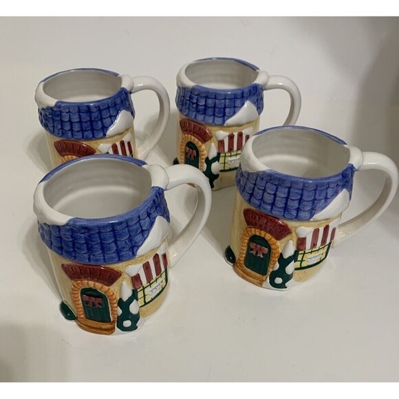 Cooks Club Coffee Shop Mug Cup Set / Lot Of 4 White Blue Christmas Snow - Picture 2 of 6